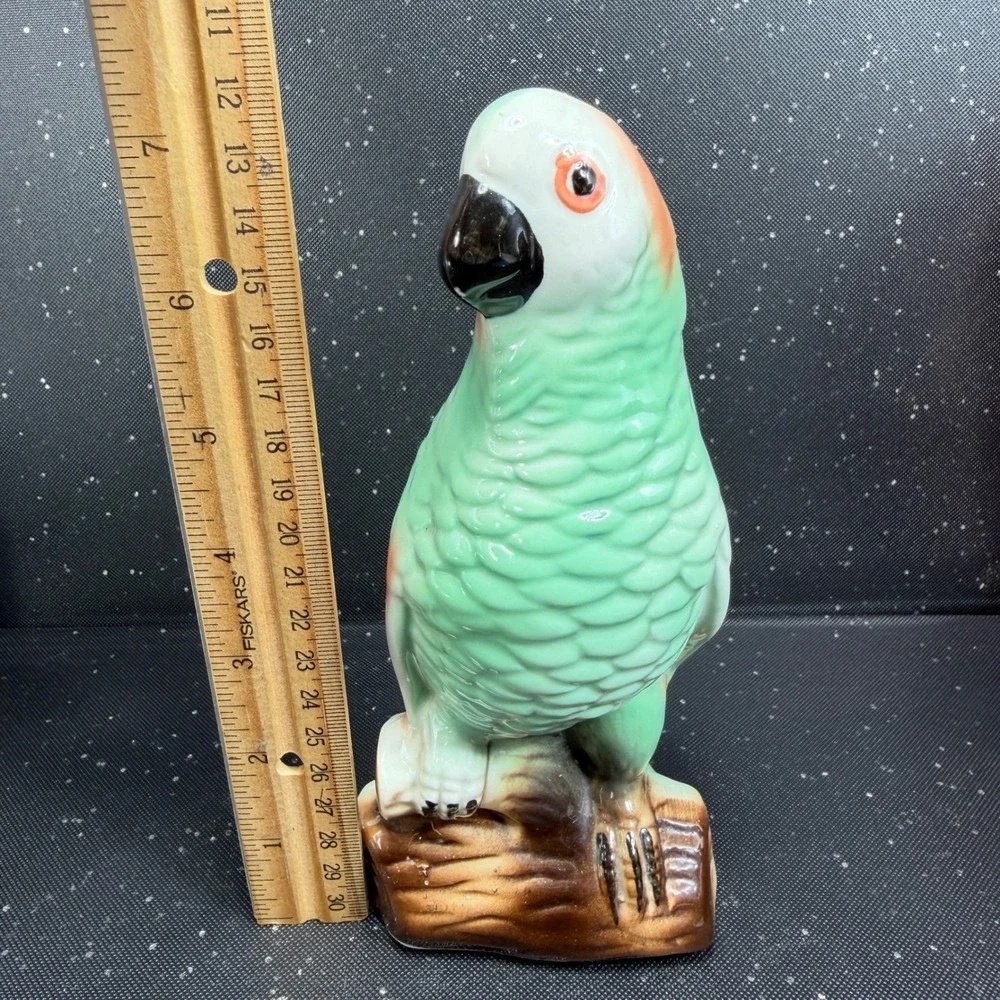 Vintage Green Parrot Ceramic Figurine Made in Brazil Tropical Bird Marked 7 inch